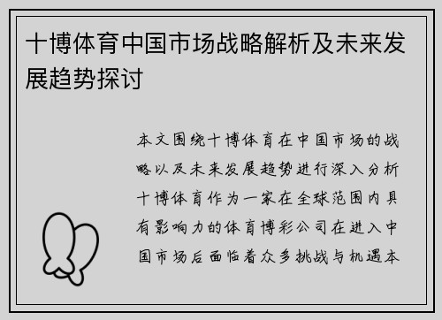 十博体育中国市场战略解析及未来发展趋势探讨